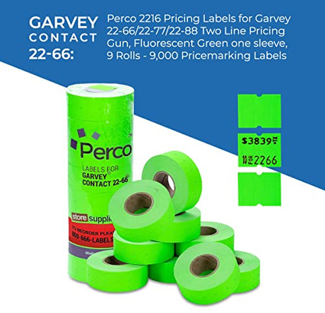 Perco 2216 Pricing Labels for Garvey 22 - 66/22 - 77/22 - 88 Two Line Pricing Gun, Fluorescent Green Pricemarking Labels - Store Supplies