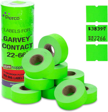 Perco 2216 Pricing Labels for Garvey 22 - 66/22 - 77/22 - 88 Two Line Pricing Gun, Fluorescent Green Pricemarking Labels - Store Supplies
