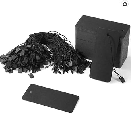 Perco 32x48mm Unstrung Black Paper Tags with Black Nylon Strings for Classy Customization and Durability - Kit of 1,000 Tags and Strings - Store Supplies